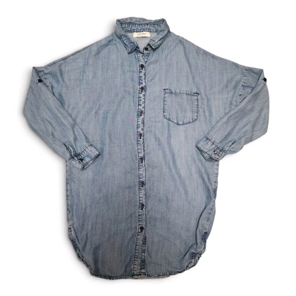 Vibrant Women's Size Small S Blue Denim 3/4 Sleeve Tunic Button-Up, Collard Top